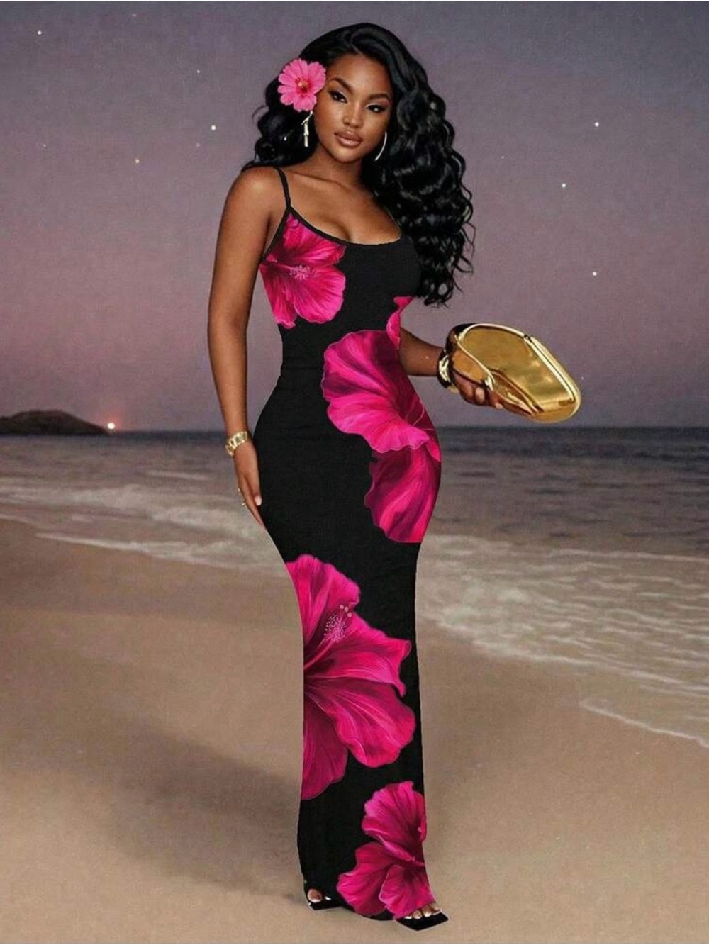 SHEIN Black Maxi Dress with Hot Pink Floral Print